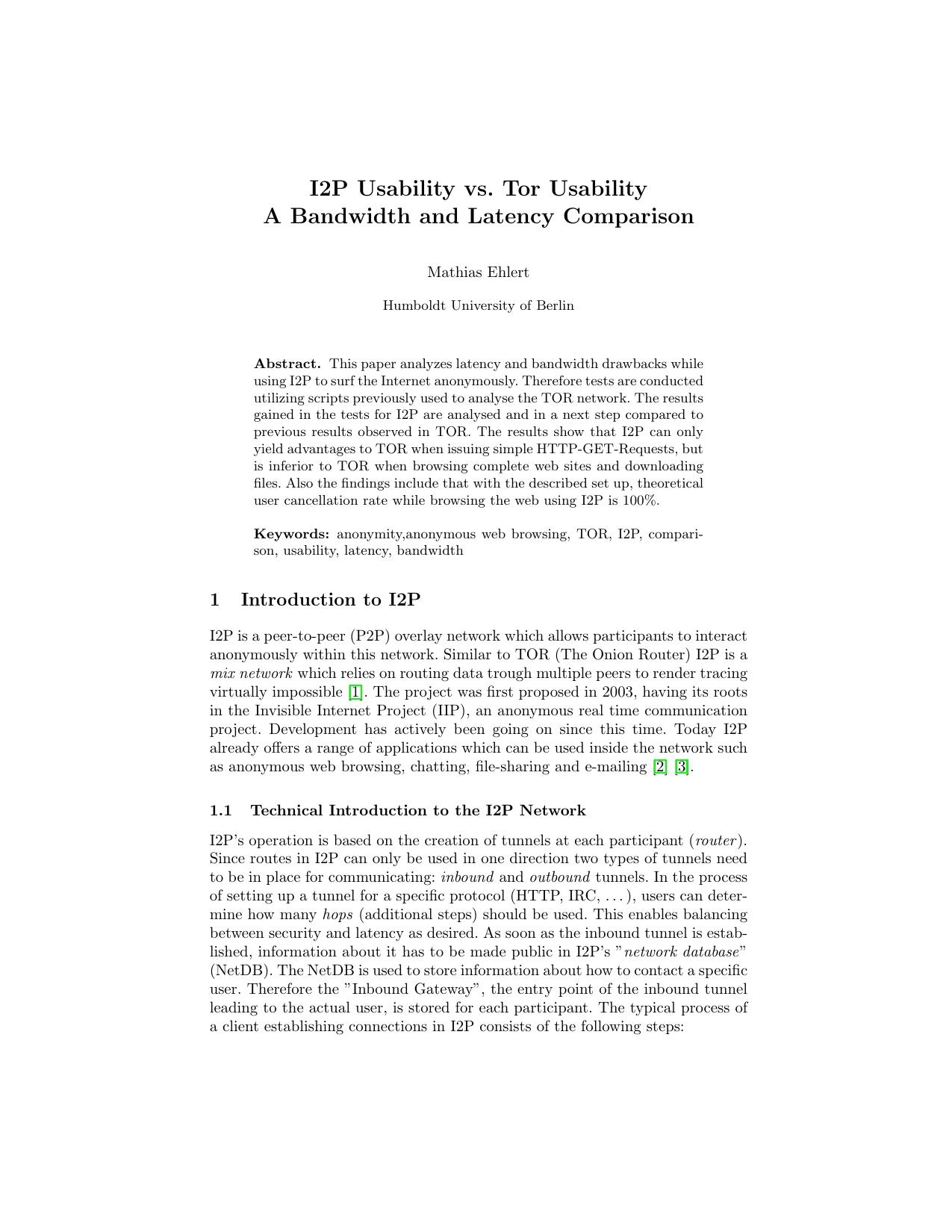 I2P Usability vs. Tor Usability A Bandwidth and Latency Comparison 2011 seminar ehlert i2p